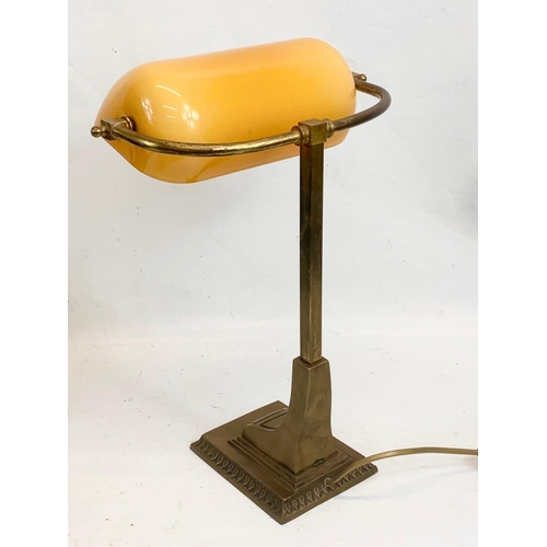 123 - A tall brass continental bankers desk lamp, with glass shade. 30 x 39cm