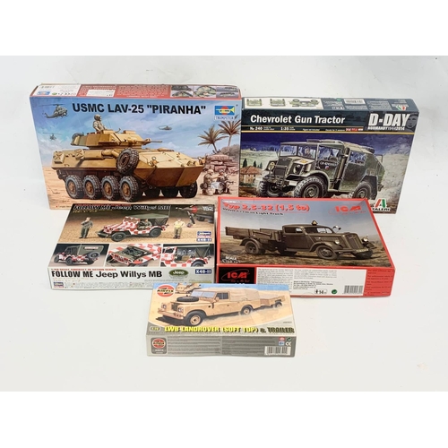 297 - 5 unopened boxes of military models. Trumpeter USMC LAV-25 Piranha, Italeri D-Day Chevrolet Gun Trac... 