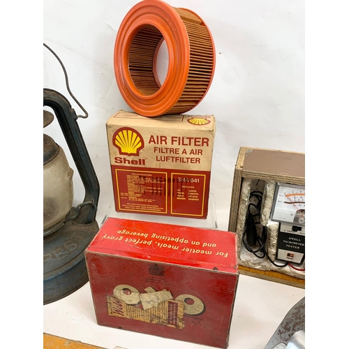 313 - A sundry lot. Including a Tempest Hurricane lamp 34cm, a Stanley planer, a Dwell Tachometer Tester, ... 