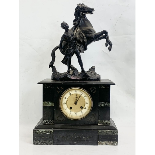 327 - A large Victorian slate mantle clock with spelter horse. 31 x 14.5 x 52cm.