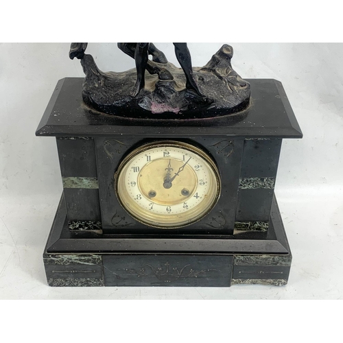 327 - A large Victorian slate mantle clock with spelter horse. 31 x 14.5 x 52cm.