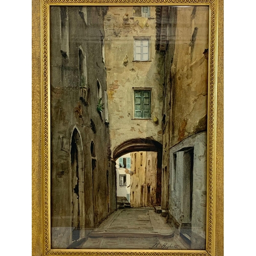 33 - A large late 19th century watercolour painting, by R. Righetti, of an Italian street scene. In an or... 