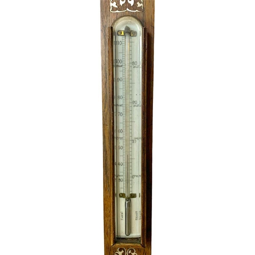 37 - A mid 19th century rosewood stick barometer, from Riddel & Co, with mother of pearl inlay. 93cm