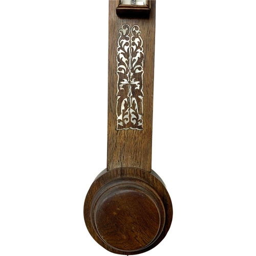 37 - A mid 19th century rosewood stick barometer, from Riddel & Co, with mother of pearl inlay. 93cm