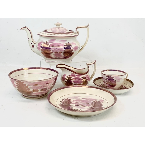 462 - 6 pieces of 19th century Pink Lustre Ware. Regency period. Teapot measures 26 x 14cm. Largest plate ... 