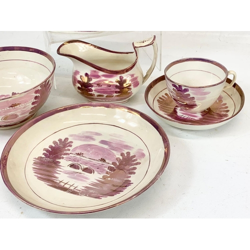 462 - 6 pieces of 19th century Pink Lustre Ware. Regency period. Teapot measures 26 x 14cm. Largest plate ... 