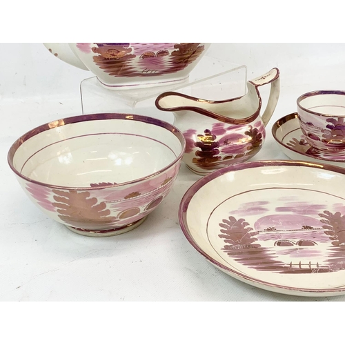 462 - 6 pieces of 19th century Pink Lustre Ware. Regency period. Teapot measures 26 x 14cm. Largest plate ... 