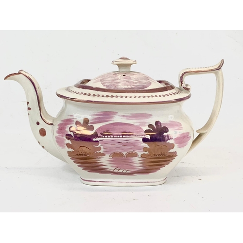 462 - 6 pieces of 19th century Pink Lustre Ware. Regency period. Teapot measures 26 x 14cm. Largest plate ... 