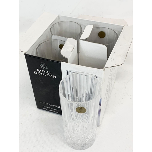 779 - 4 box sets of crystal glasses. Including a box of 4 Royal Doulton Hi-ball Tumblers, a 4 piece Desser... 