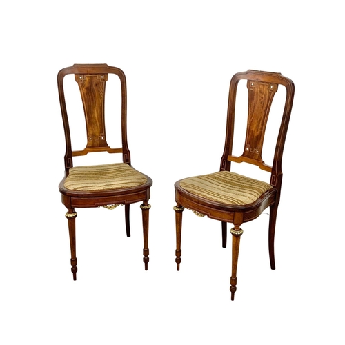 785 - A pair of good quality late 19th century French inlaid mahogany high back side hall chairs with bras... 