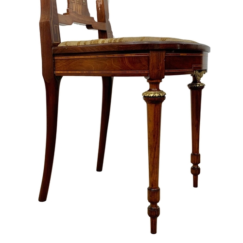 785 - A pair of good quality late 19th century French inlaid mahogany high back side hall chairs with bras... 