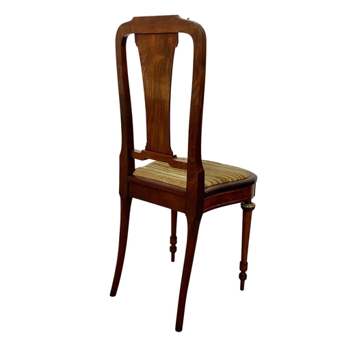 785 - A pair of good quality late 19th century French inlaid mahogany high back side hall chairs with bras... 