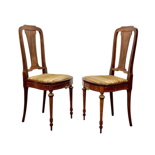 785 - A pair of good quality late 19th century French inlaid mahogany high back side hall chairs with bras... 