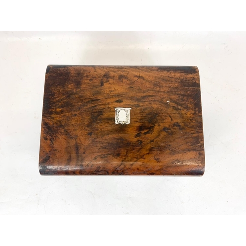 79 - A Victorian walnut writing box with key and mother of pearl inlay. Closed 30 x 22 x 15cm