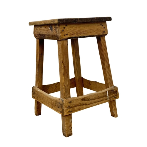 795 - A set of 5 early 20th century rustic pine factory stools. 31 x 51.5cm