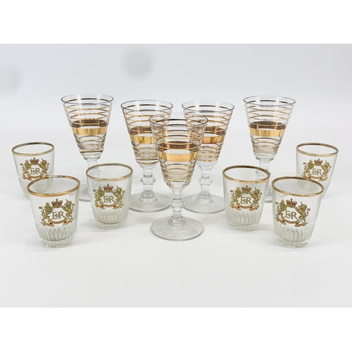 779B - 2 sets of vintage drinking glasses. 6 1953 Coronation shot glasses and 5 gilt sherry glasses.