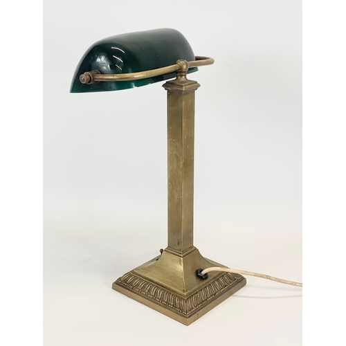 108 - A large vintage brass Bankers Desk lamps, with glass shade. 27 x 43cm.