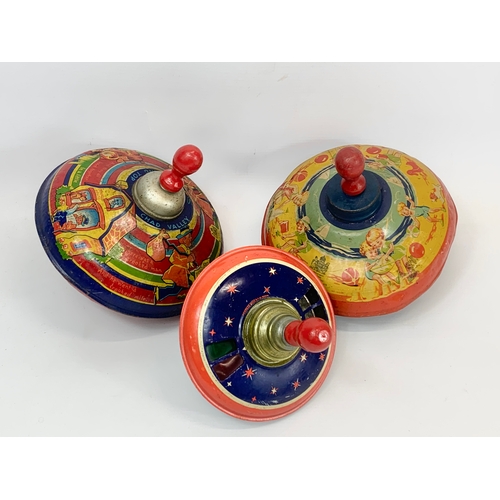 131 - 3 vintage tin plate Spinning Top Toys, 2 by Chad Valley & Co, 1 made in U.S Zone Germany.