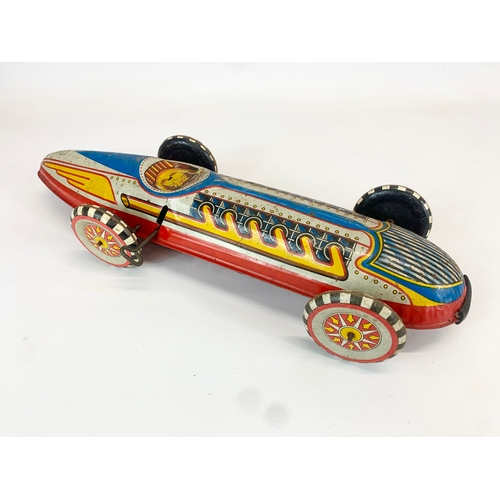 132 - 2 large vintage Marx tin plate windup Streamline race cars. 41cm