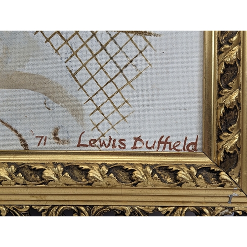 185 - A large oil painting by Lewis Duffield 1971, in a gilt frame. 75.5x75.5cm including frame