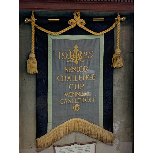 199 - A large inlaid presentation wall mounted case. 1925 Senior Challenge Cup Winners Castleton. 77 x 111... 