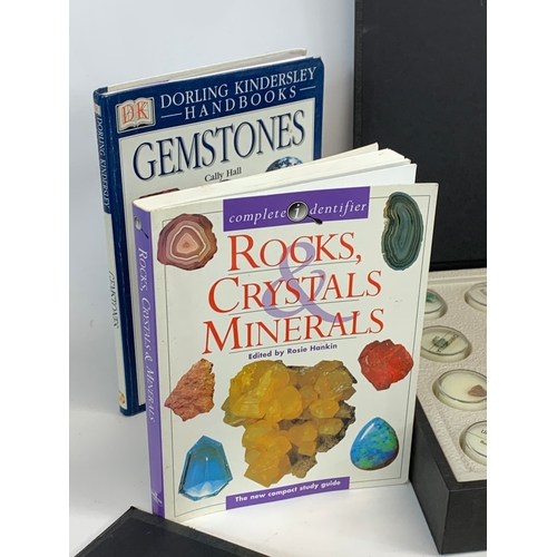 207 - A collection of Treasures of the Earth rocks and minerals with books.