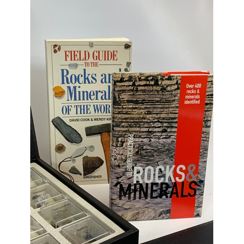 207 - A collection of Treasures of the Earth rocks and minerals with books.