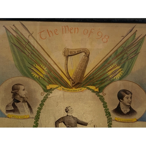 221 - A rare early 19th century Irish rebellion coloured poster, commemorating “The Men of 98” “Who Fears ... 