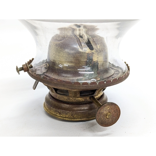 240 - An Edwardian oil lamp burner with etched glass picture of Charles Stewart Parnell. Shade is 23.5cm