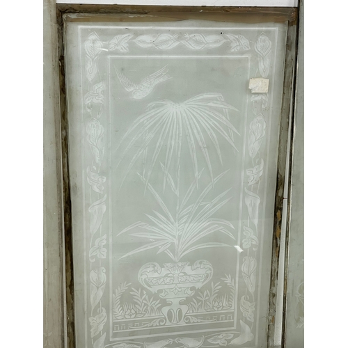 300 - 6 Victorian etched glass panels. Largest 68 x 137cm