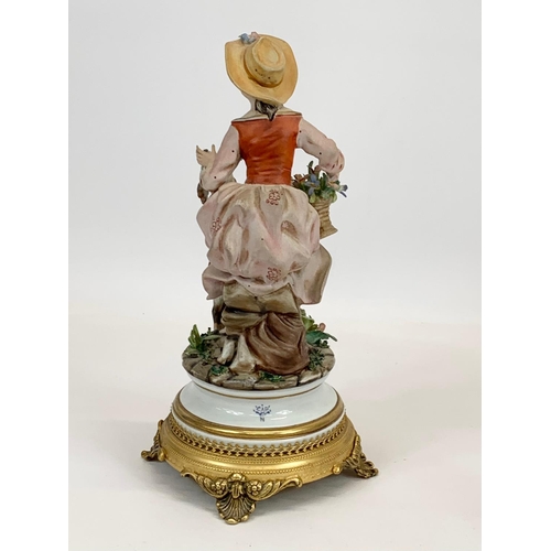 408 - 2 Capodimonti porcelain figurines on ornate brass bases. Tallest measures 28cm