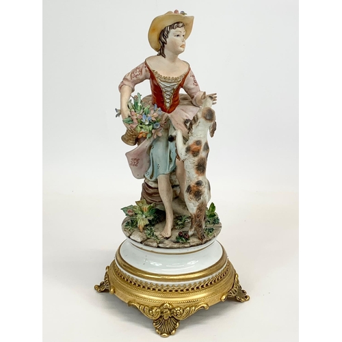 408 - 2 Capodimonti porcelain figurines on ornate brass bases. Tallest measures 28cm