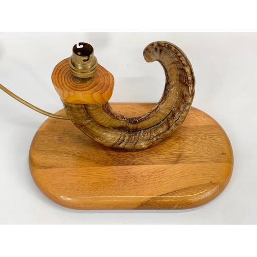 46 - A Rams Horn table lamp on an oak base. 30 x 21cm