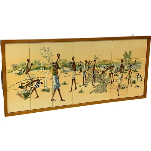 372 - 2 Mid Century African tiled wall plaques in teak frames. 48.5 x 110cm.