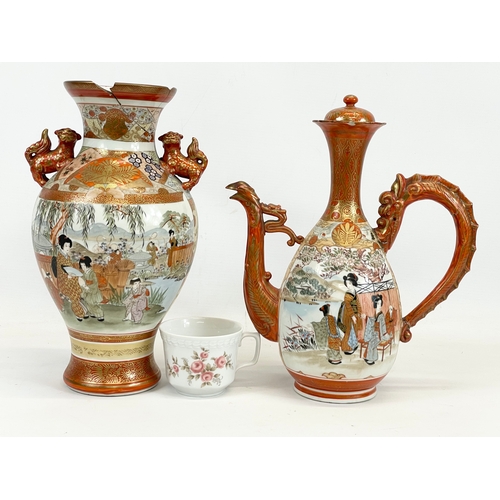 442 - 2 large pieces of late 19th century Meiji Japanese Kutani porcelain. Teapot measures 25 x 30cm. Vase... 