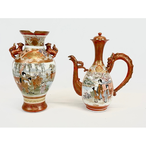 442 - 2 large pieces of late 19th century Meiji Japanese Kutani porcelain. Teapot measures 25 x 30cm. Vase... 