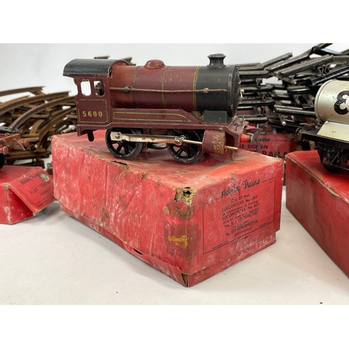 60 - A quantity of vintage Hornby Trains tracks and carriages etc. including a 501 Locomotive, Flat Truck... 