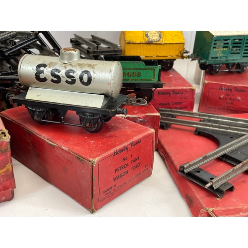 60 - A quantity of vintage Hornby Trains tracks and carriages etc. including a 501 Locomotive, Flat Truck... 