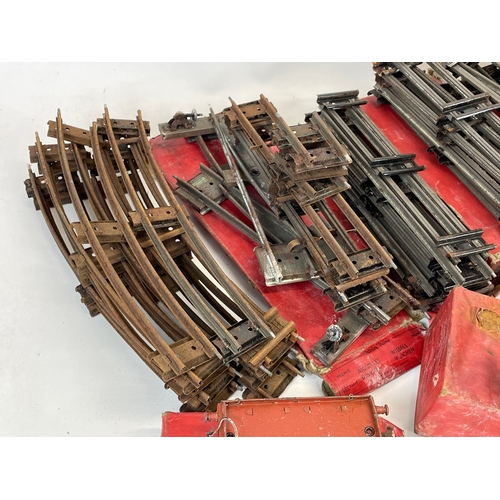 60 - A quantity of vintage Hornby Trains tracks and carriages etc. including a 501 Locomotive, Flat Truck... 