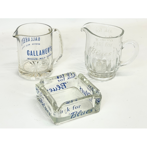 487 - Vintage Gallaher’s Ask For Blues glass jugs and ashtray. Largest jug 17 x 18cm