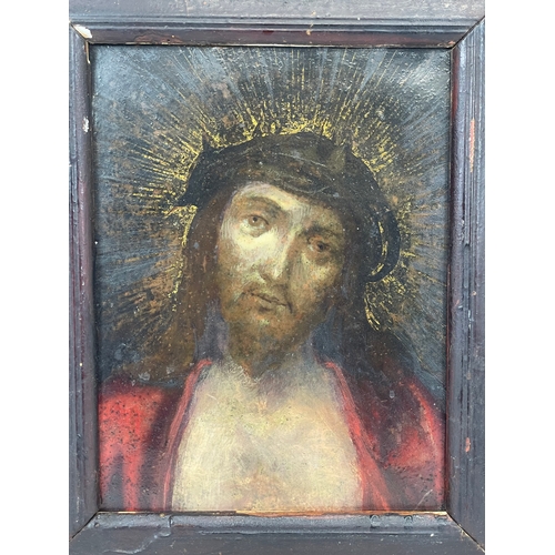 17 - A 17th century Flemish oil painting of Jesus on copper panel, in a gilt frame. 26 x 31cm including f... 