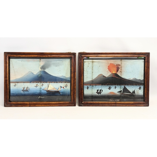 128 - A pair of late 19th century Bay of Naples, Neopaliton Gouache Paintings of the Mount Vesuvius erupti... 