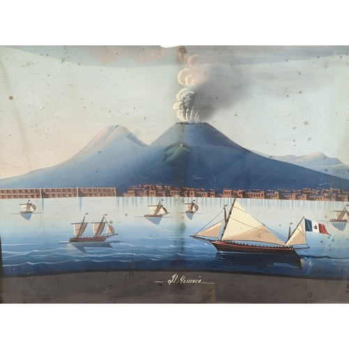 128 - A pair of late 19th century Bay of Naples, Neopaliton Gouache Paintings of the Mount Vesuvius erupti... 