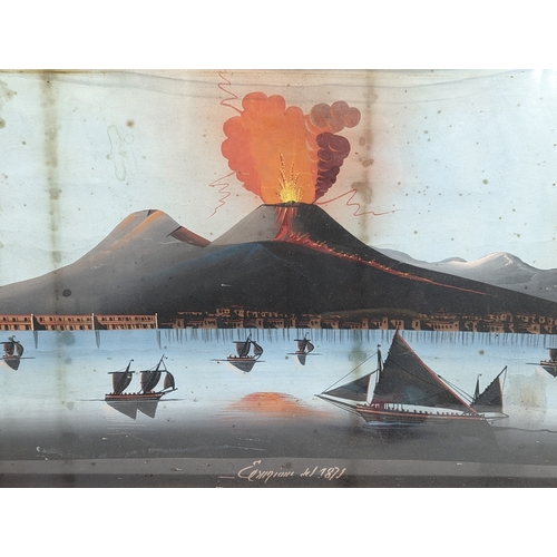 128 - A pair of late 19th century Bay of Naples, Neopaliton Gouache Paintings of the Mount Vesuvius erupti... 