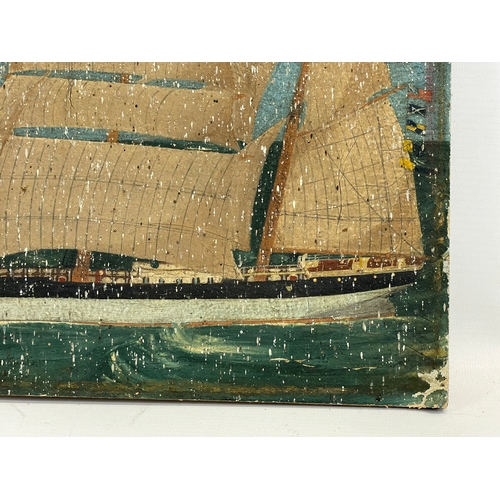 130 - An oil painting of a ship. Worn signature. 48.5 x 36cm