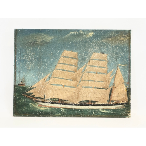 130 - An oil painting of a ship. Worn signature. 48.5 x 36cm