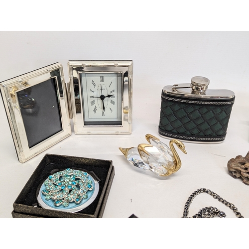 675 - A sundry lot including pocket watch, 18ct gold plated necklace, letter openers, whiskey flask, etc