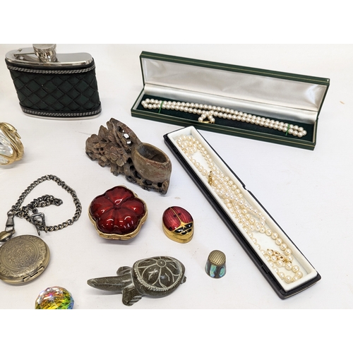 675 - A sundry lot including pocket watch, 18ct gold plated necklace, letter openers, whiskey flask, etc