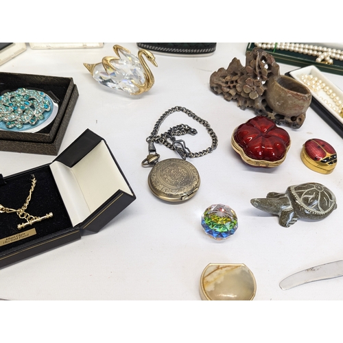 675 - A sundry lot including pocket watch, 18ct gold plated necklace, letter openers, whiskey flask, etc