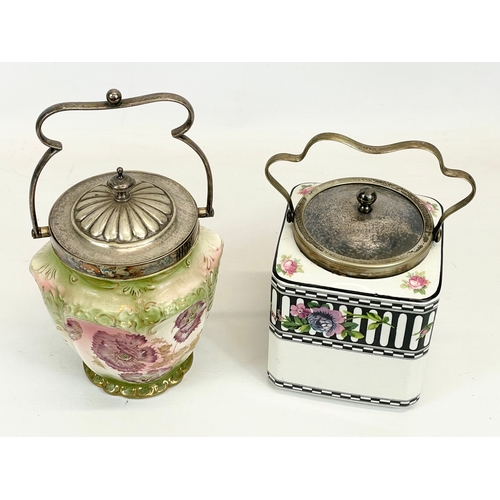 684 - 2 Edwardian period pottery and silver plated and biscuit barrels. S. F & Co, A. E Gray & Co. 26cm in... 